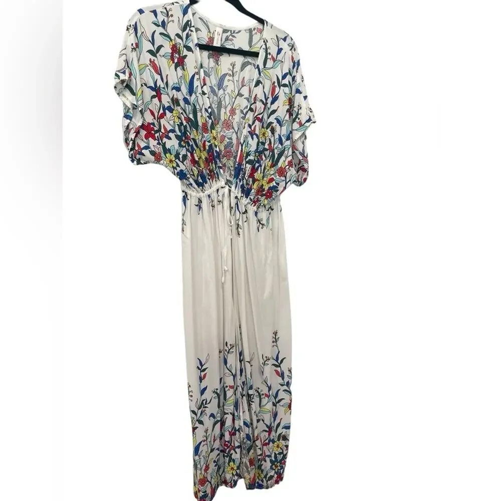 CUPSHE Floral Cotton Maxi Cover‑Up Front Tie V‑Neck Empire Waist One Size - Picture 2 of 7